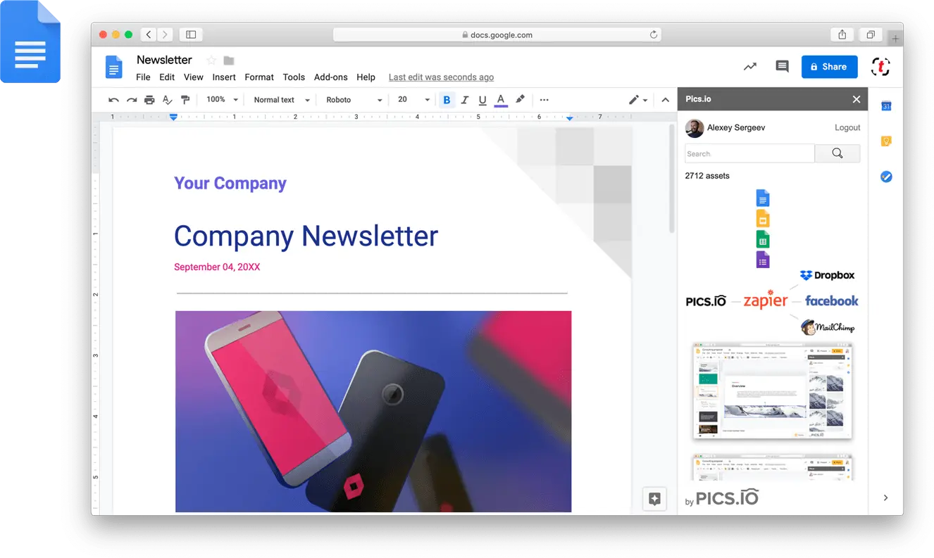 Pics.io extension for Google Docs